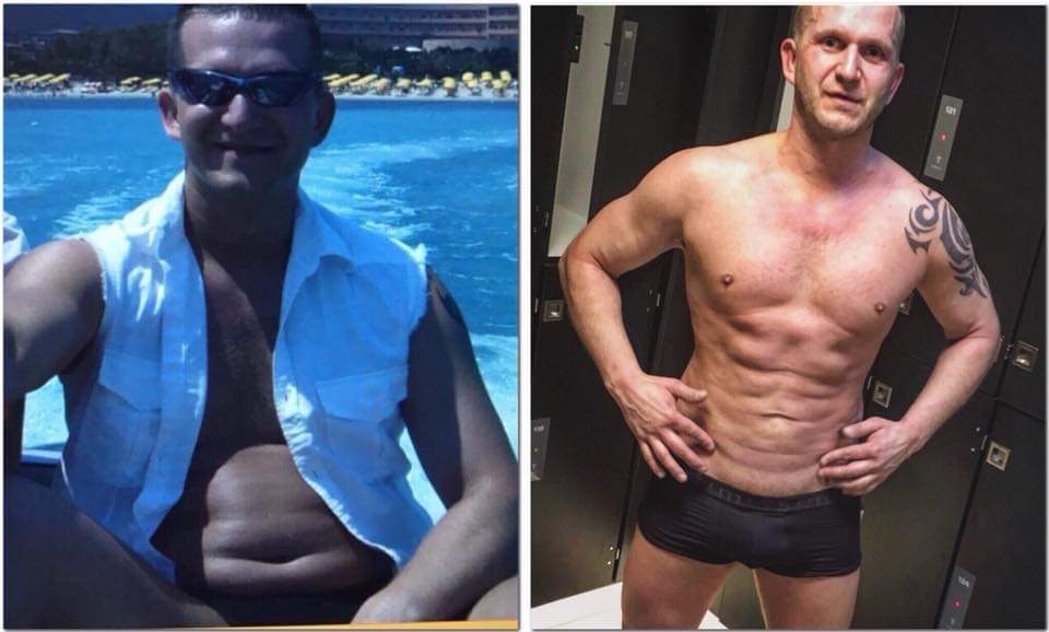 Zdjęcie typu 'przed i po' przedstawiające mężczyznę: po lewej stronie na łodzi, w okularach przeciwsłonecznych i rozpiętej koszuli, z widocznym brzuchem; po prawej stronie, bez koszuli,...