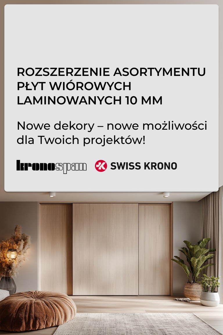Wizualizacja wnętrza z dużą szafą przesuwną z laminowanych płyt wiórowych w odcieniach jasnego drewna, uzupełnona roślinami i pufą, z reklamowym nagłówkiem o rozszerzeniu asortymentu płyt...