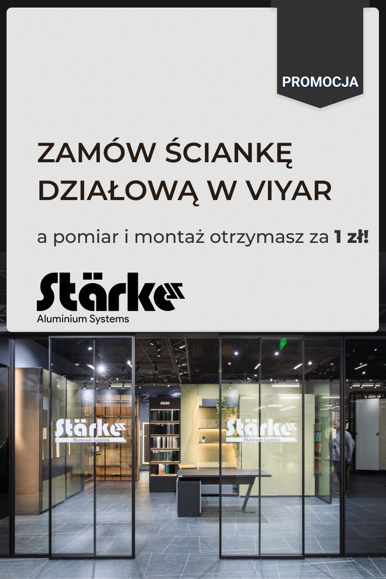 Wnętrze biura z przeszklonymi ściankami działowymi z logo Stärke Aluminium Systems, widoczna promocja na ściankę działową w ViYar z pomiarem i montażem za 1 zł.