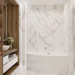 Nowoczesna łazienka z białą wanną narożną, marmurowymi płytkami i oświetleniem LED w pionowych listwach, drewniana szafka z umywalką nablatową i dekoracyjnym bukietem.