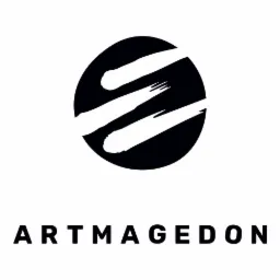 Logo firmy Artmagedon: czarne koło z trzema białymi pociągnięciami pędzla, poniżej nazwa firmy w czcionce bezszeryfowej.