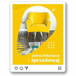 Żółty fotel w graficznej ramce z tekstem 'Jedno kliknięcie i sprzedawaj', stylizowany na post w mediach społecznościowych.