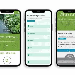 Trzy ekrany smartfonów prezentujące aplikację mobilną do wyszukiwania i zamawiania lokalnej żywności: ekran główny z logo i hasłem 'Żywność, uspołeczniona', ekran wyszukiwania producentów z listą...