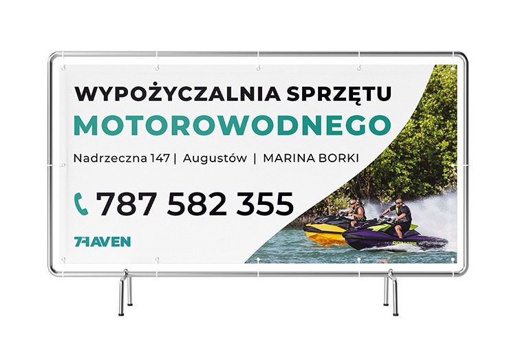 Billboard reklamujący wypożyczalnię sprzętu motorowodnego w Augustowie, z widocznymi dwoma skuterami wodnymi w akcji i danymi kontaktowymi.
