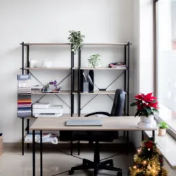 Jasne biuro krawieckie z wzornikiem tkanin, biurkiem z laptopem, regałem i dekoracją świąteczną przy oknie. Minimalistyczny wystrój z roślinami.