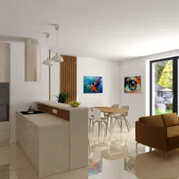 Wizualizacja przestronnego wnętrza z aneksem kuchennym, wyspą, stołem jadalnym i częścią wypoczynkową z brązową sofą, widok na ogród przez duże okno.