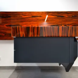 Nowoczesna szafka wisząca z blatem z egzotycznego drewna o intensywnym usłojeniu, zamontowana na białej ścianie z widocznym gniazdkiem elektrycznym.