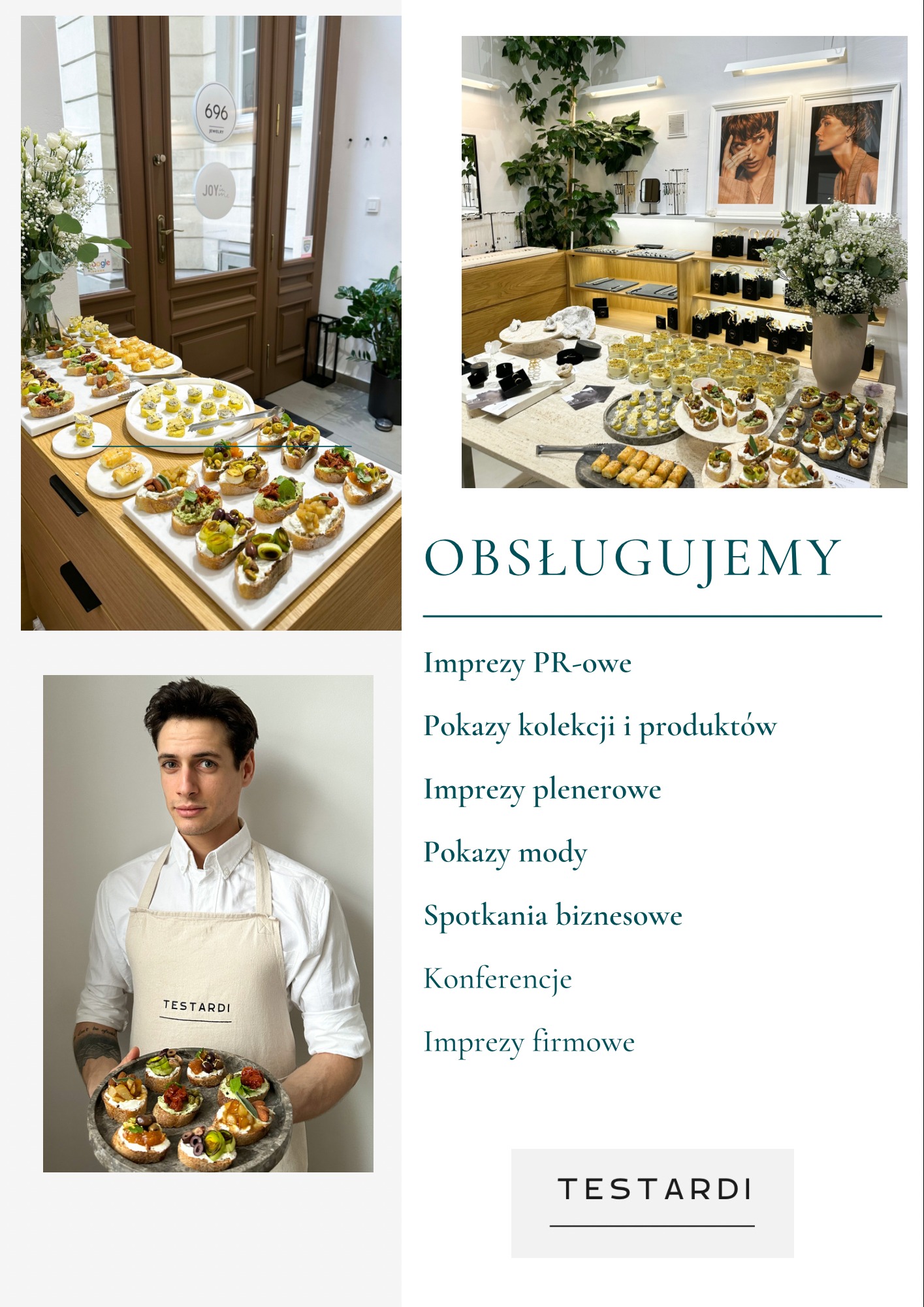 Warszawa: Przygotowane kanapki na kruchym pieczywie, z różnymi dodatkami, ułożone na białych talerzach i serwowane podczas imprezy firmowej. W tle widoczne kwiaty i wnętrze lokalu.