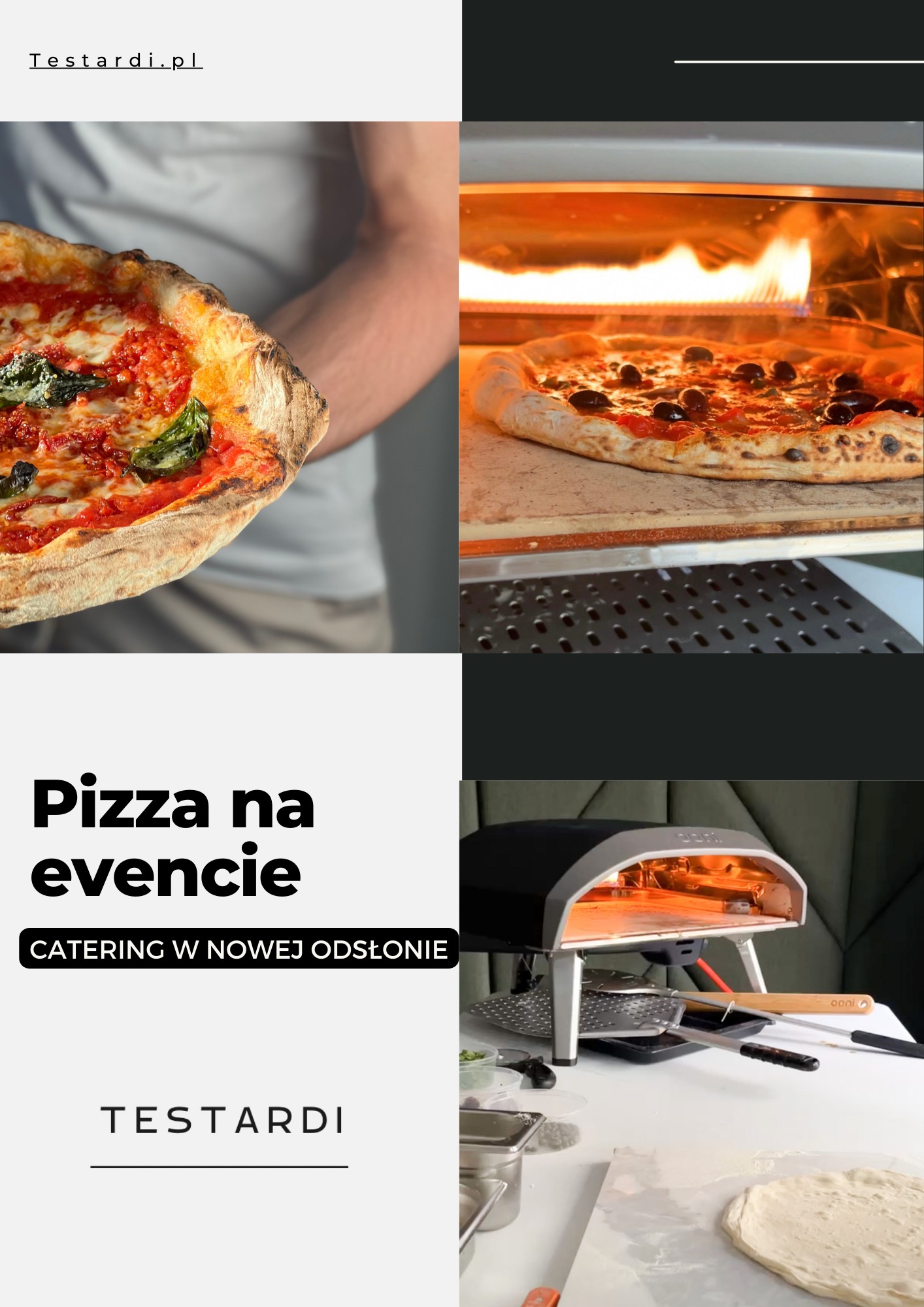 Ręcznie robiona pizza z bazylią trzymana przez kucharza, obok piec do pizzy z płomieniami i piekącą się pizzą z oliwkami, na stole akcesoria kuchenne i surowe ciasto.