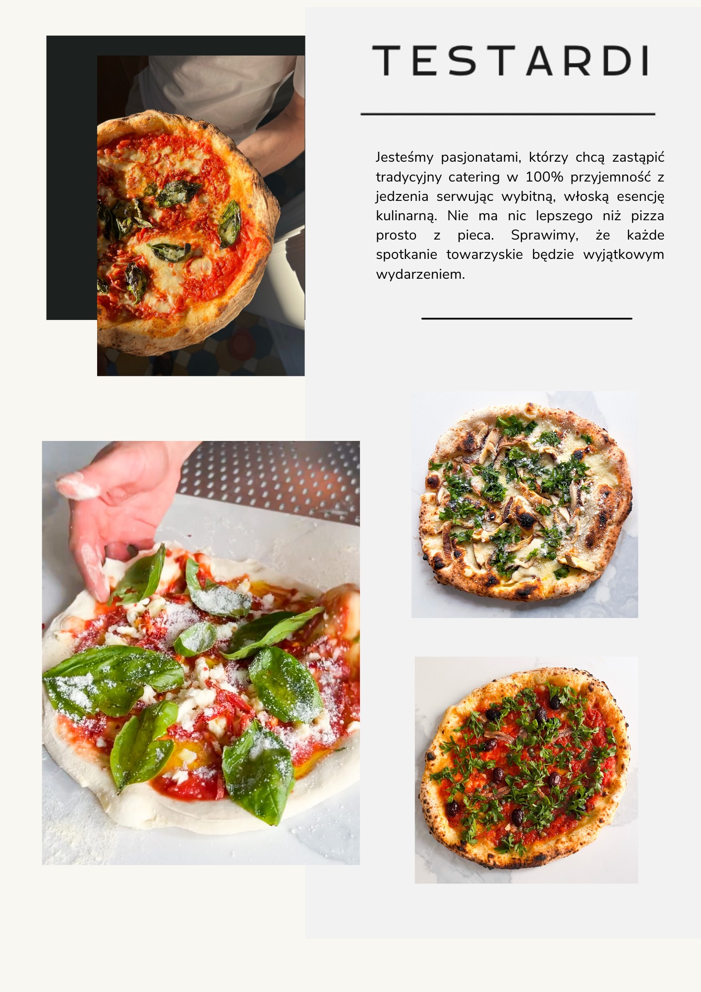 Kolaż prezentujący różnorodne pizze: klasyczna z pomidorami i bazylią trzymana w dłoni, surowa pizza przed pieczeniem z pomidorami, bazylią i serem, pizza z grzybami i pietruszką, oraz pizza...