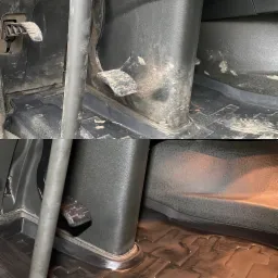 Porównanie: Brudna i wyczyszczona podłoga oraz pedały w kabinie samochodu. Górna część zdjęcia przedstawia zabrudzenia, a dolna czystą, umytą powierzchnię.