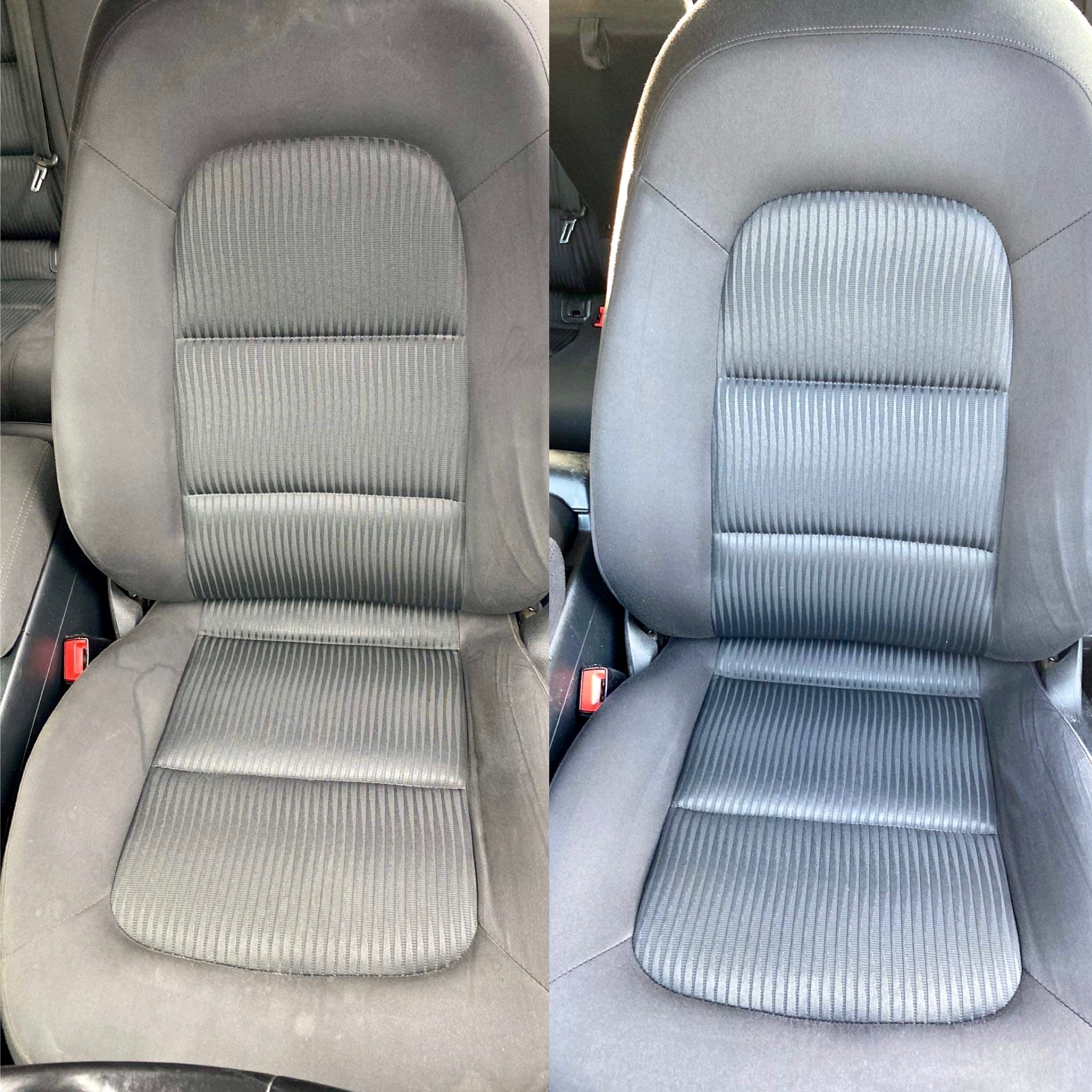 Porównanie fotela samochodowego przed i po praniu tapicerki, widoczna wyraźna różnica w czystości materiału.