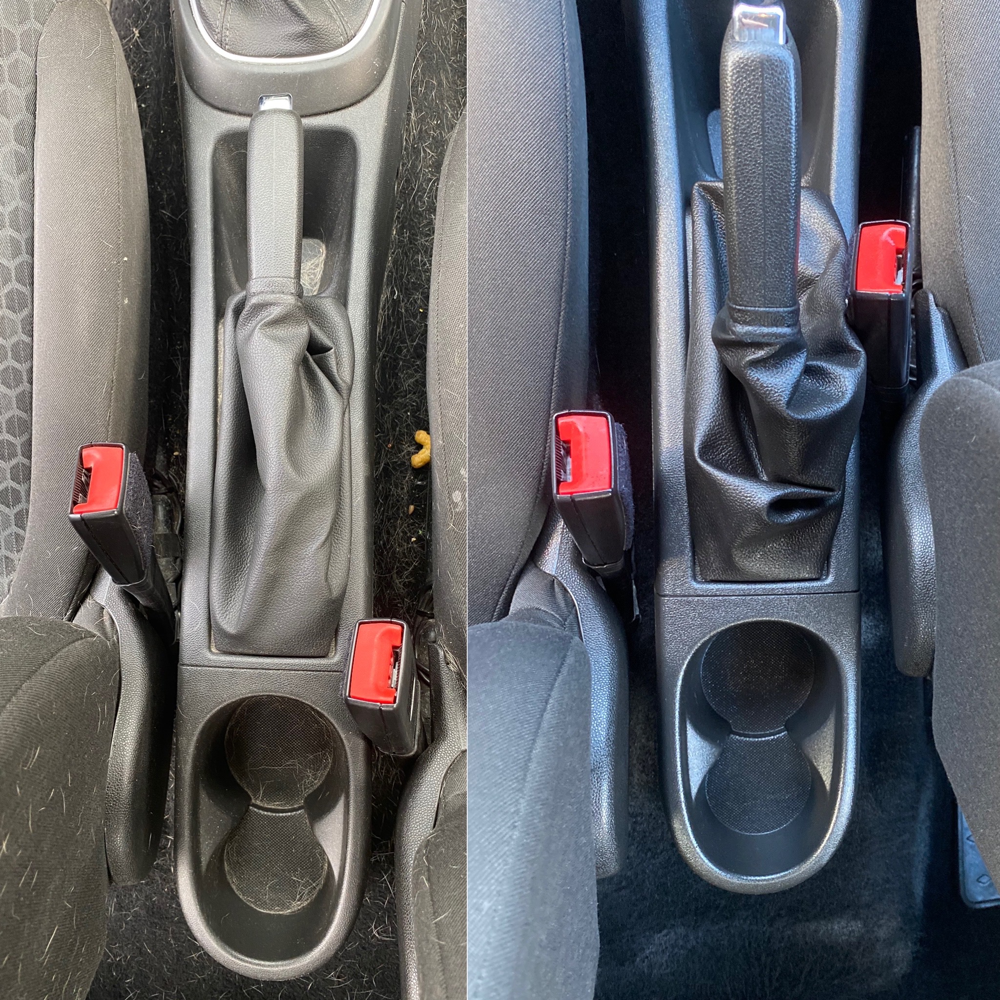 Porównanie wnętrza samochodu przed i po czyszczeniu w Świeciu: po lewej stronie widoczny brud i sierść na fotelu i konsoli środkowej, po prawej stronie czyste wnętrze po usłudze.