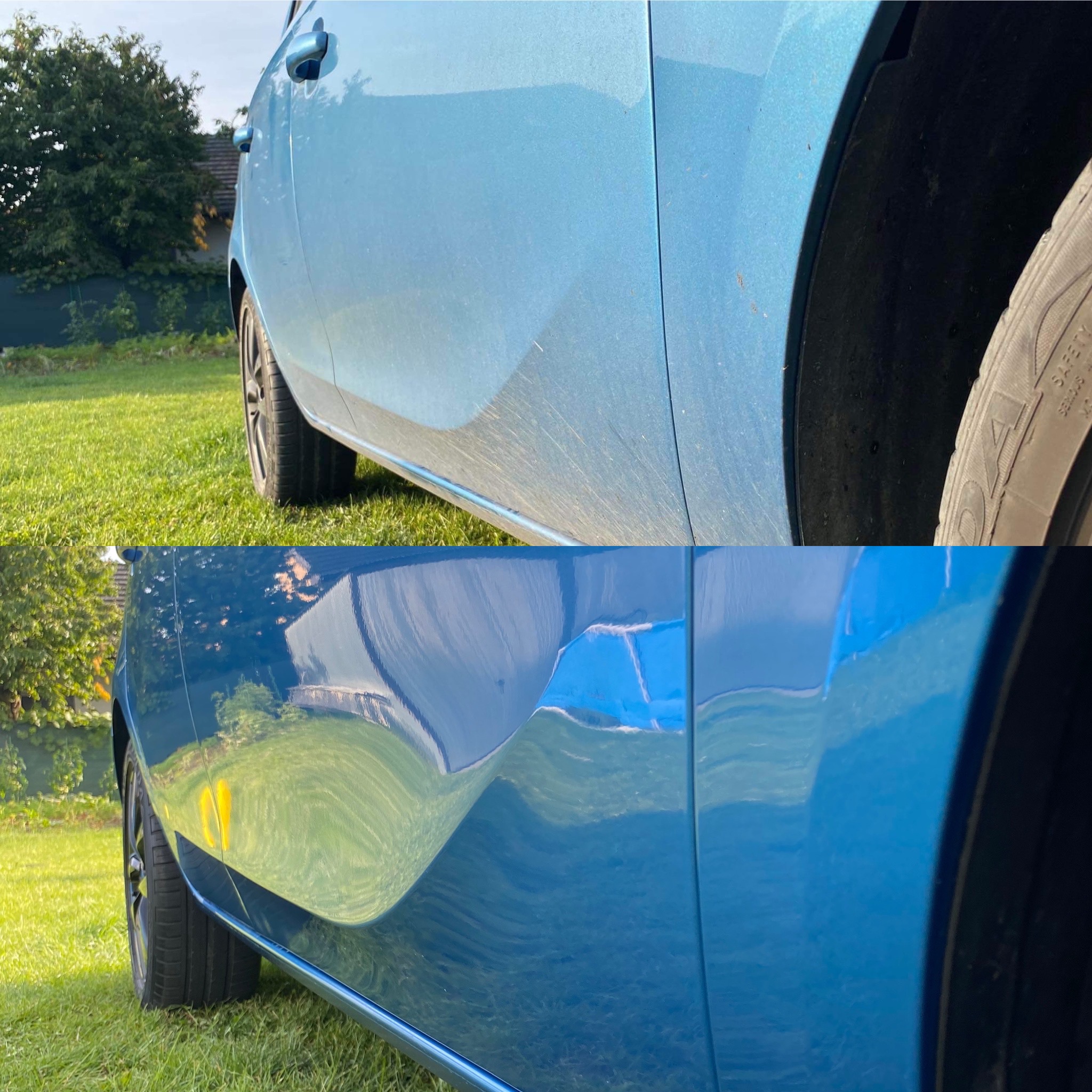 Porównanie stanu karoserii niebieskiego samochodu przed i po umyciu. Górna część zdjęcia ukazuje zabrudzoną karoserię, podczas gdy dolna prezentuje czystą, odbijającą otoczenie powierzchnię.