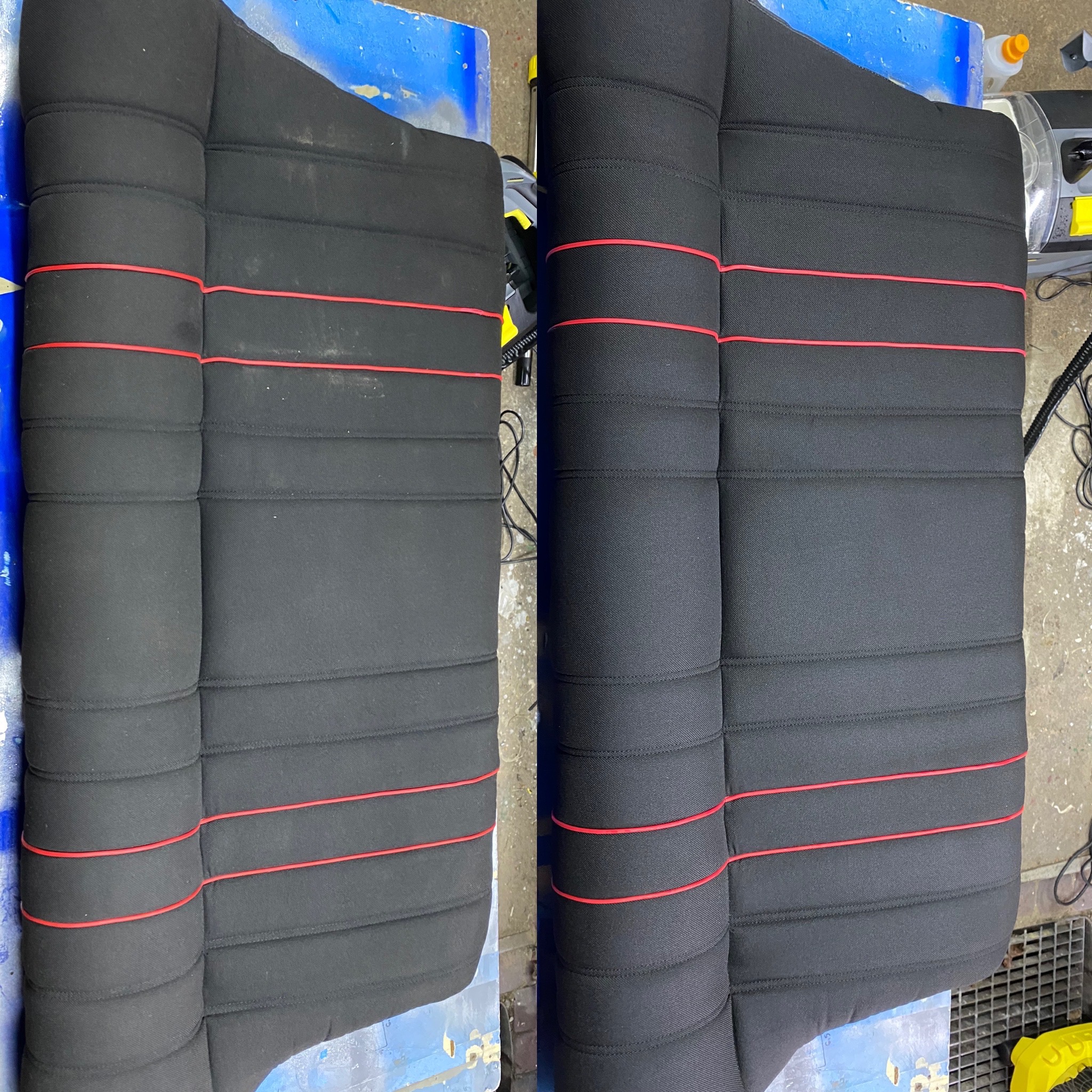 Tapicerka samochodowa: porównanie stanu przed i po czyszczeniu. Po lewej stronie widoczne zabrudzenia na czarnym materiale z czerwonymi akcentami, po prawej - efekt po praniu, tapicerka czysta...