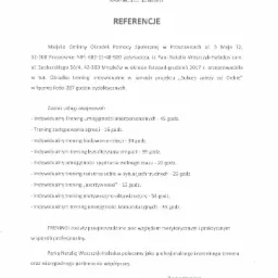 Skan dokumentu referencyjnego dla Pani Natalii Woszczyk-Haładus, trenera, z Miejsko Gminnego Ośrodka Pomocy Społecznej w Proszowicach, dotyczący treningów interpersonalnych i innych umiejętności,...