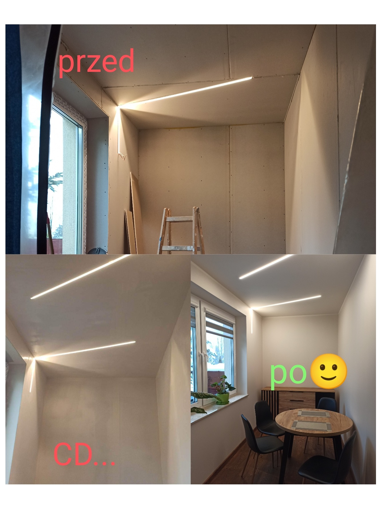 Kolaż przedstawiający pokój przed i po remoncie: górne zdjęcie pokazuje surowy stan z płytami karton-gips, drabina i listwa oświetleniowa LED; dolne zdjęcie ukazuje wykończone wnętrze...
