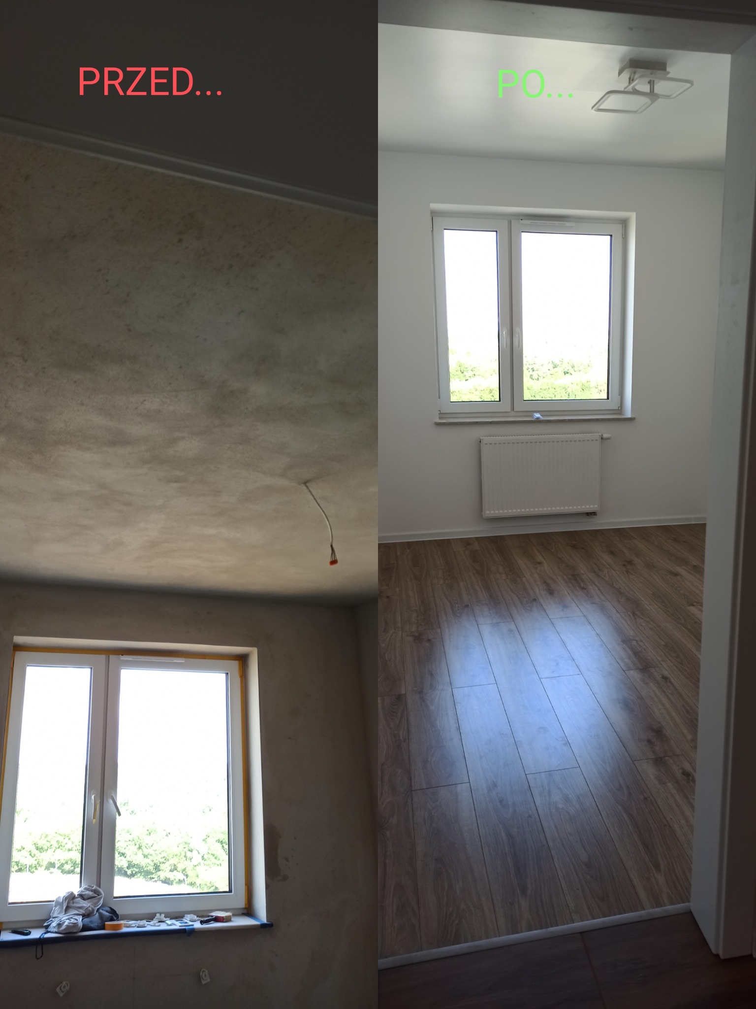 Porównanie stanu pokoju przed i po: surowy tynk na ścianach i suficie z widocznymi kablami vs. pomalowane na biało ściany, nowy parkiet, grzejnik i nowoczesna lampa sufitowa.