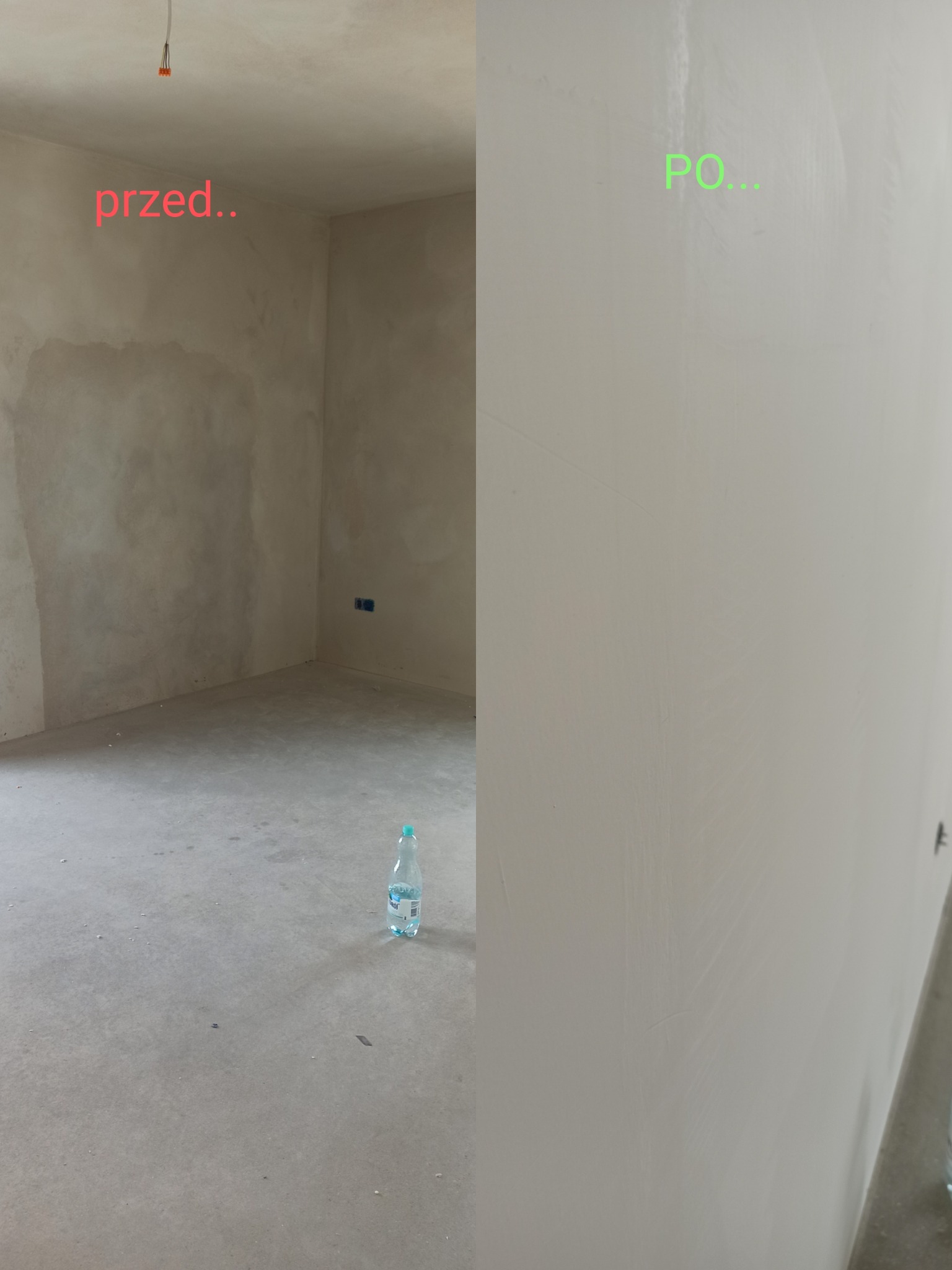Pokój w trakcie metamorfozy: po lewej ściana przed położeniem gładzi, po prawej wygładzona ściana pomalowana na jasny kolor; na podłodze butelka wody.
