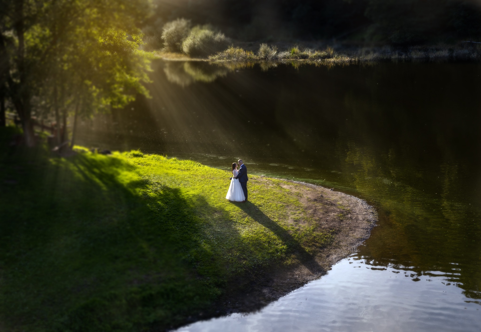 Para młoda w objęciach na brzegu jeziora, promienie słońca przebijają się przez drzewa, tworząc malowniczy krajobraz.