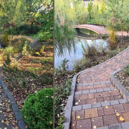 TBH Services - Ogród z oczkiem wodnym, drewnianym mostkiem i ścieżką z kostki prowadzącą po schodach, otoczony roślinnością.