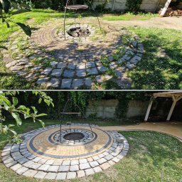 TBH Services - Porównanie stanu kostki brukowej przed i po czyszczeniu wokół paleniska ogrodowego z rusztem, z widoczną różnicą w kolorze i usunięciem zabrudzeń.