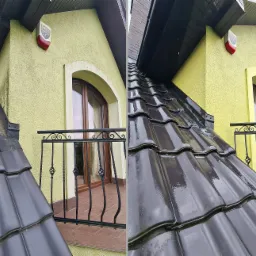 Porównanie stanu dachu i fragmentu elewacji przed i po czyszczeniu, widoczna różnica w kolorze i czystości powierzchni, z uwzględnieniem okna z balkonem i elementu systemu alarmowego.