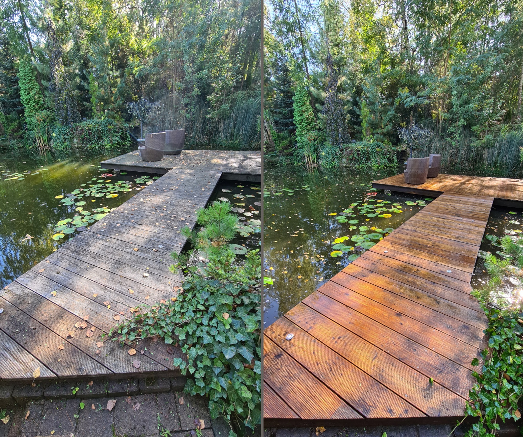 Porównanie drewnianego pomostu nad stawem przed i po czyszczeniu: po lewej stronie szary, pokryty liśćmi i mchem, po prawej odświeżony, w ciepłym odcieniu brązu, z widocznym usuniętym brudem...