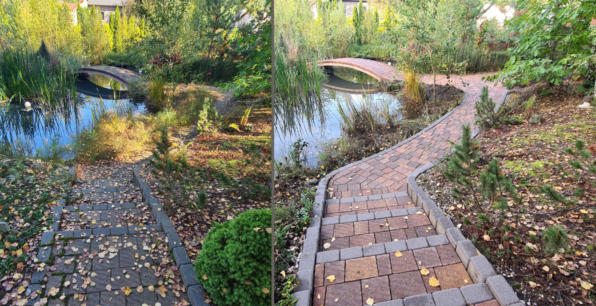 Ogród z oczkiem wodnym, drewnianym mostkiem i ścieżką z kostki prowadzącą po schodach, otoczony roślinnością.