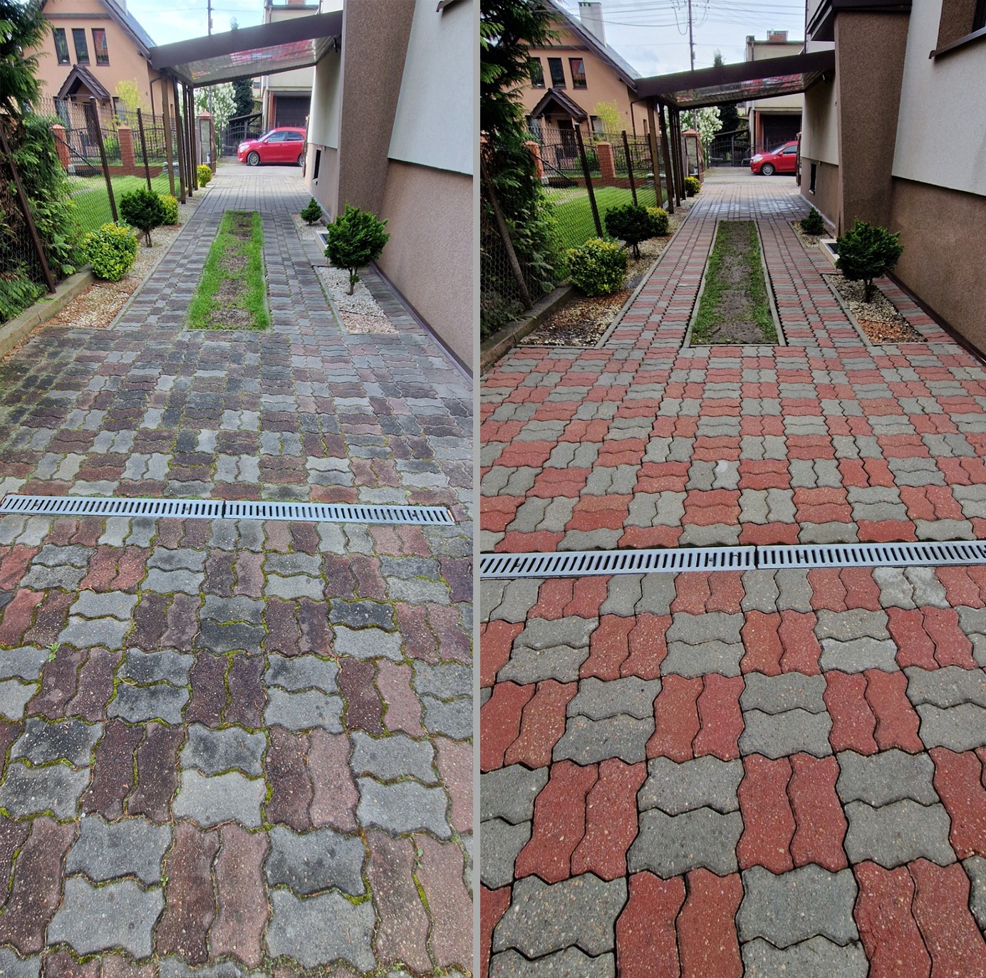 Porównanie kostki brukowej przed i po czyszczeniu: po lewej stronie zabrudzona, po prawej odświeżona, z widoczną kratką odpływową.