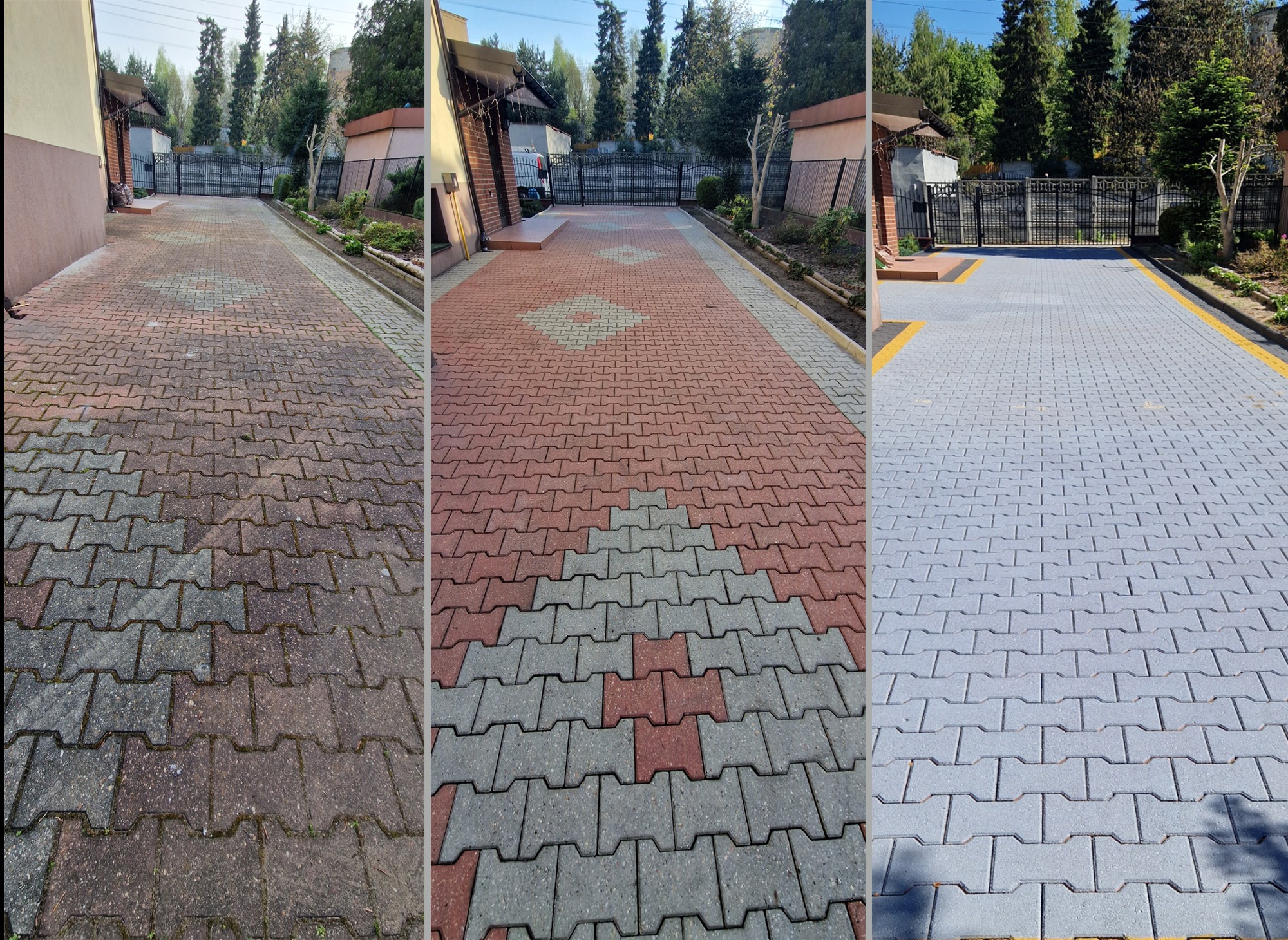 Trzy etapy czyszczenia kostki brukowej: zabrudzona, częściowo wyczyszczona z wzorem i całkowicie wyczyszczona szara kostka brukowa na podjeździe.