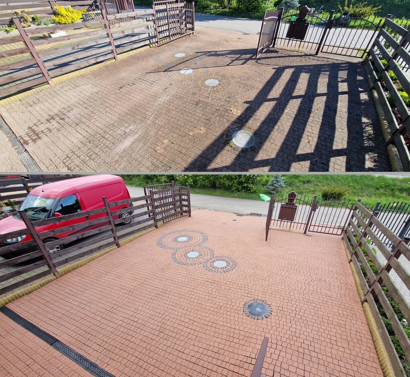 Porównanie kostki brukowej przed i po czyszczeniu, widoczna różnica w kolorze i czystości, z elementami dekoracyjnymi w postaci okręgów z kostki oraz czerwony samochód dostawczy w tle.