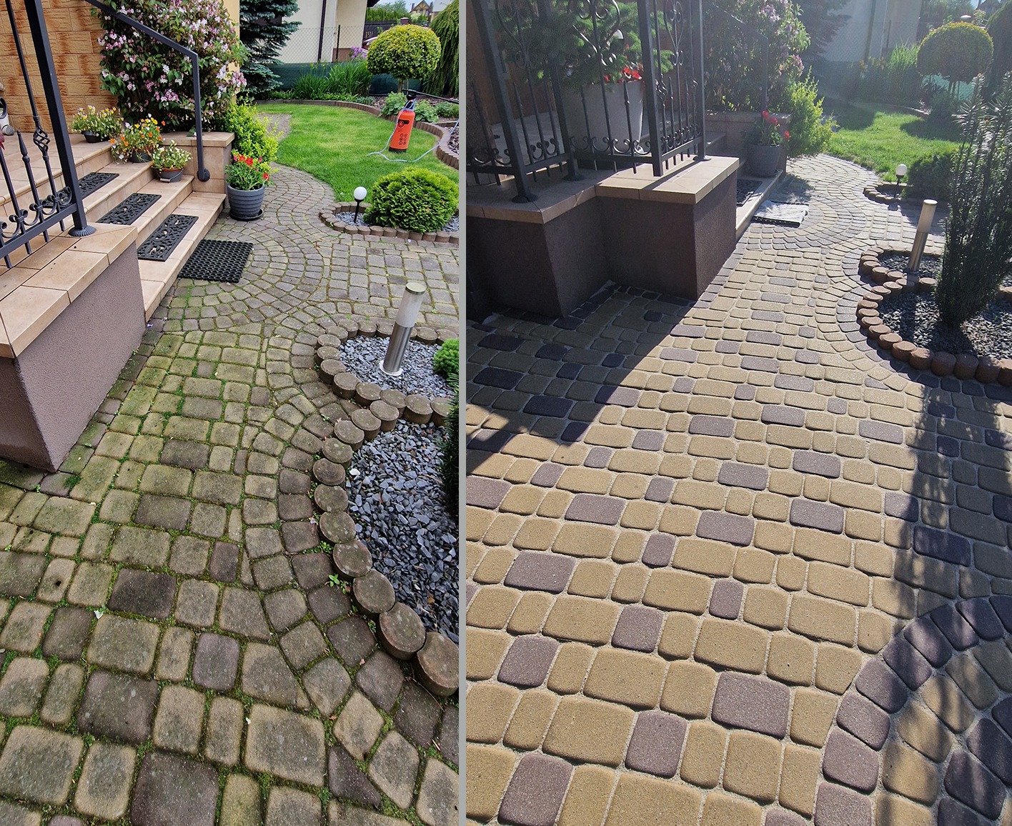 Porównanie kostki brukowej przed i po czyszczeniu: po lewej stronie porośnięta mchem, po prawej odświeżona, ukazująca żółto-brązową kolorystykę.