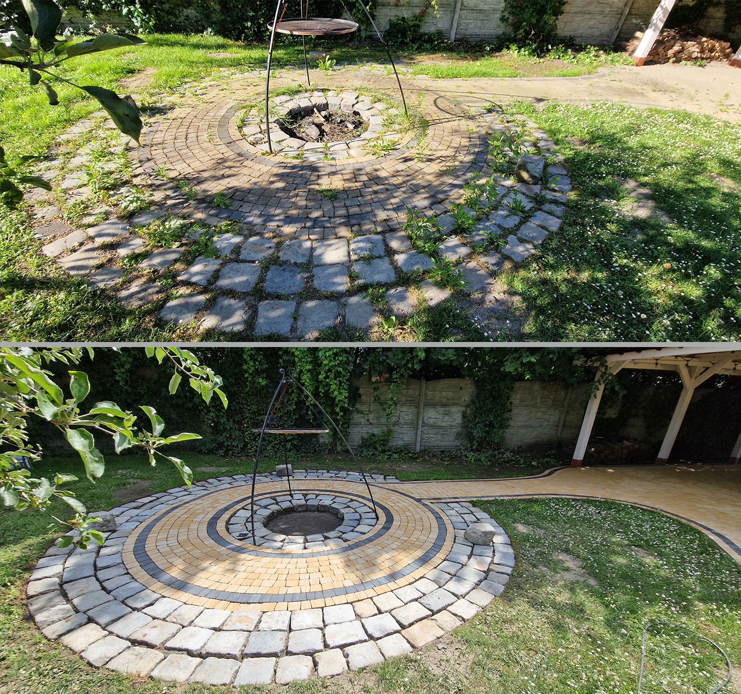 Porównanie stanu kostki brukowej przed i po czyszczeniu wokół paleniska ogrodowego z rusztem, z widoczną różnicą w kolorze i usunięciem zabrudzeń.