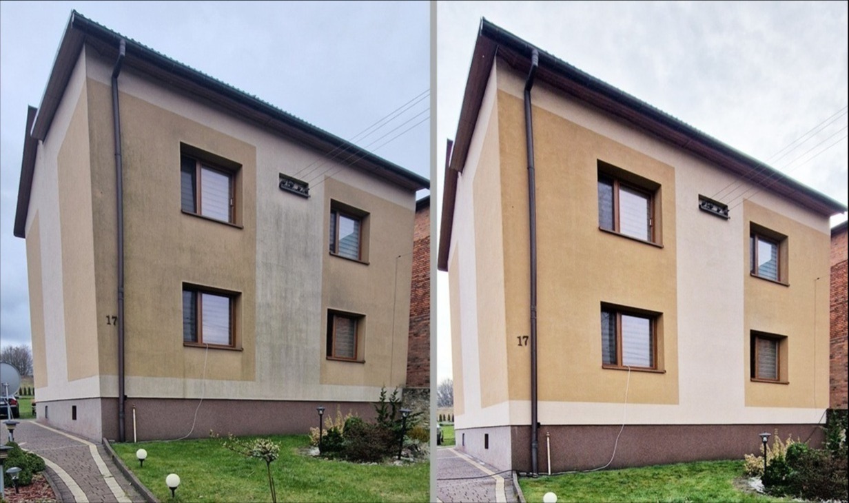 Dwukondygnacyjny budynek z numerem 17: lewa strona elewacji jest brudna, prawa po usłudze czyszczenia, widoczna różnica w kolorze.