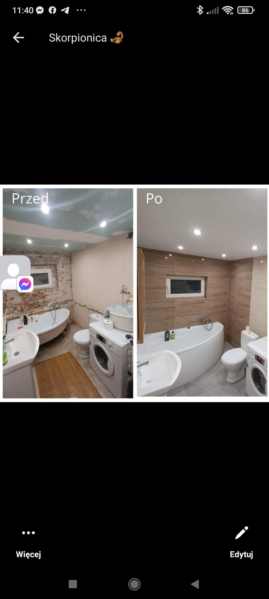 Porównanie łazienki przed i po remoncie: surowe ściany z cegły i niedokończony sufit kontra nowoczesne płytki, oświetlenie punktowe i nowa armatura, widoczna pralka.