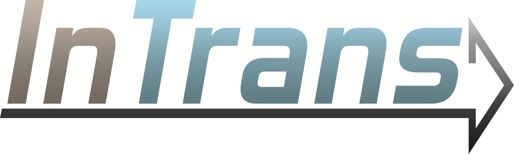 Logo firmy transportowej 'In Trans' z Tarnowa, gradientowe litery z symbolem strzałki w prawo.