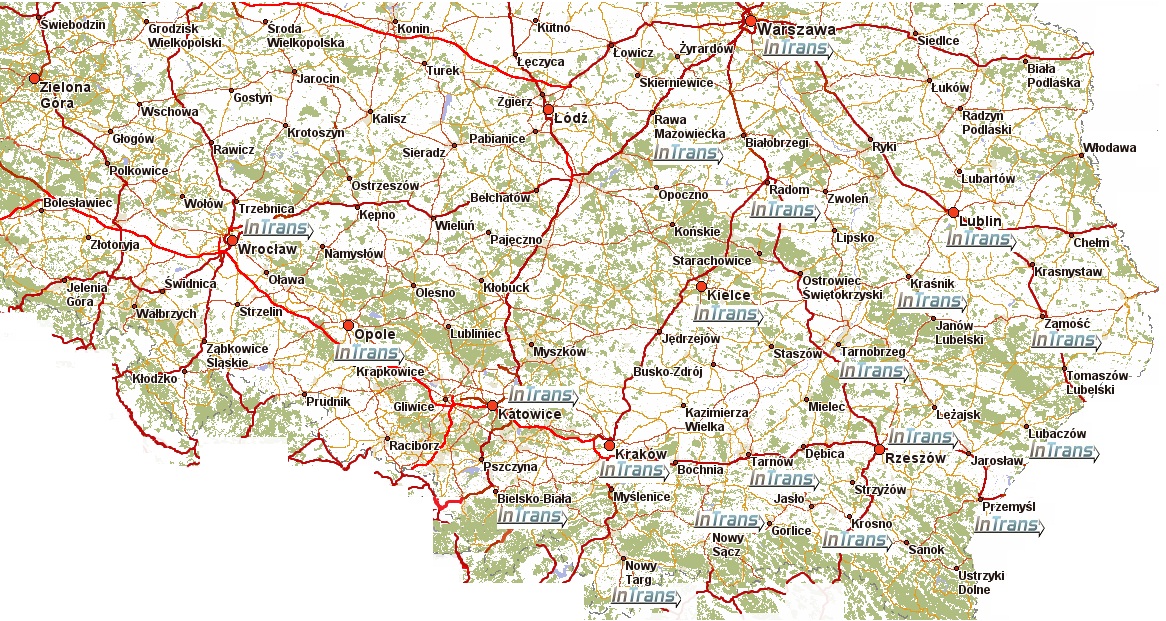 Mapa Polski z zaznaczonymi drogami i miastami, z naniesionymi logotypami firmy transportowej w pobliżu głównych miast.