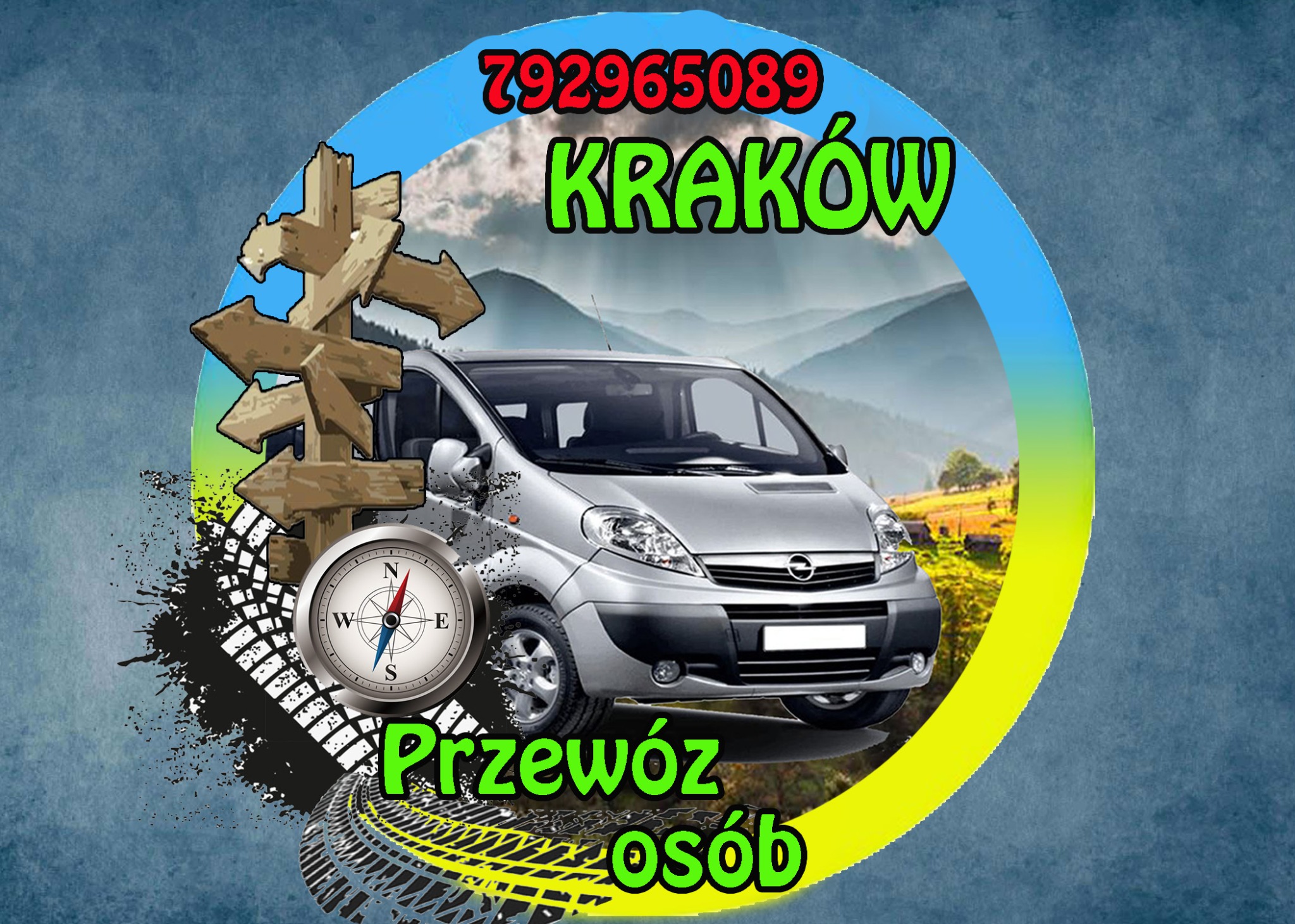 Grafika reklamowa: srebrny van na tle gór, drogowskaz, kompas, numer telefonu i napis Kraków.