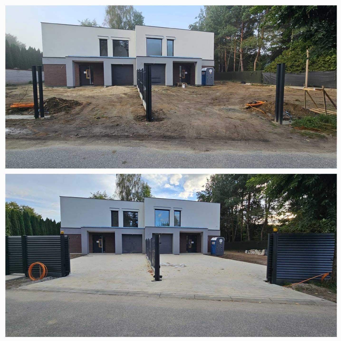 Zdjęcie 'przed i po' przedstawia teren przed bliźniakiem: najpierw ziemia i słupki, potem ułożona kostka brukowa i zamontowana brama wjazdowa.