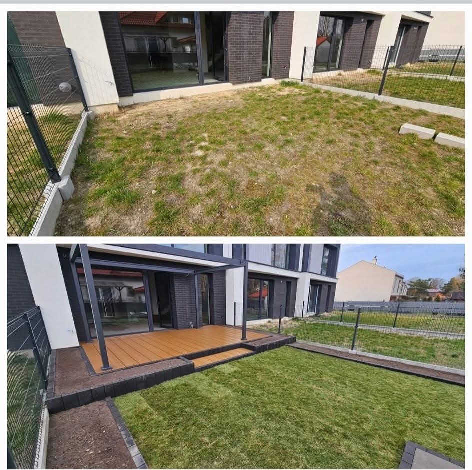 Zdjęcie 'przed i po' prezentujące metamorfozę ogrodu: zaniedbany trawnik przed domem i nowy taras kompozytowy z pergolą oraz świeża trawa po realizacji.