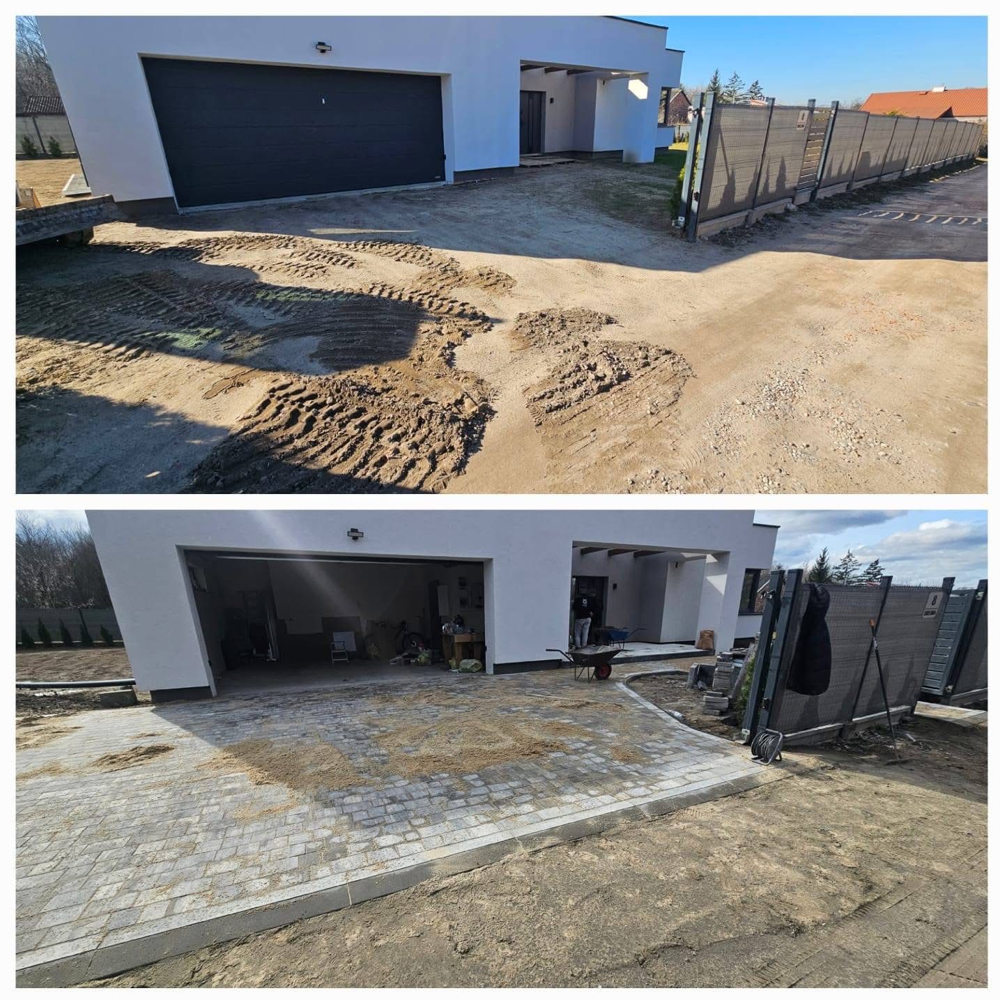 Porównanie stanu przed i po: teren przed domem z nierównym podłożem i ułożona kostka brukowa, widoczne ślady opon i narzędzia pracy.