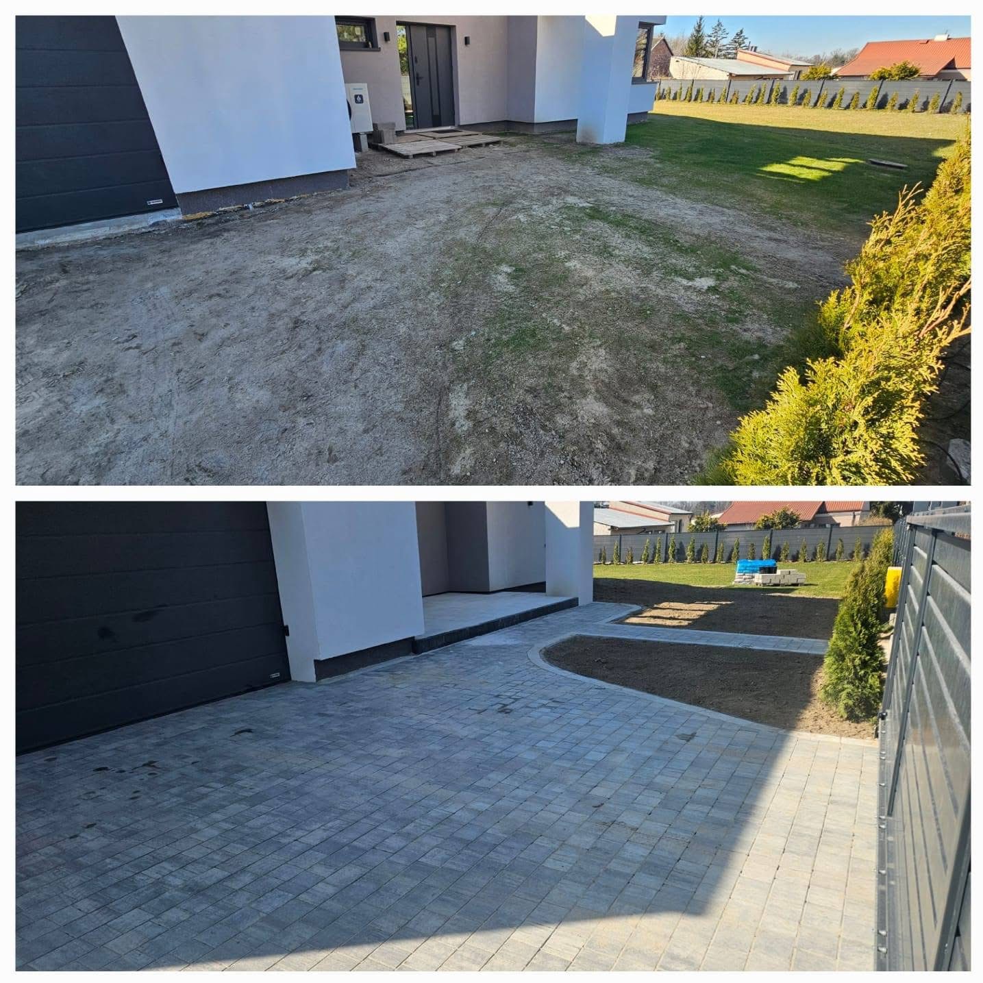 Zdjęcie 'przed i po' ukazujące teren przed domem: najpierw ziemia i trawa, a następnie ułożona szara kostka brukowa tworząca podjazd i ścieżkę.