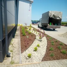 Aranżacja rabaty przy budynku z korą, białymi kamieniami i niskimi roślinami, z dostawczym samochodem w tle.