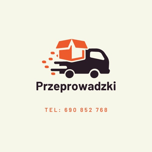 Grafika wektorowa przedstawiająca czarną ciężarówkę z pomarańczowym kartonem na pace, stylizowana na logo firmy. Pod spodem napis 'Przeprowadzki' i numer telefonu.