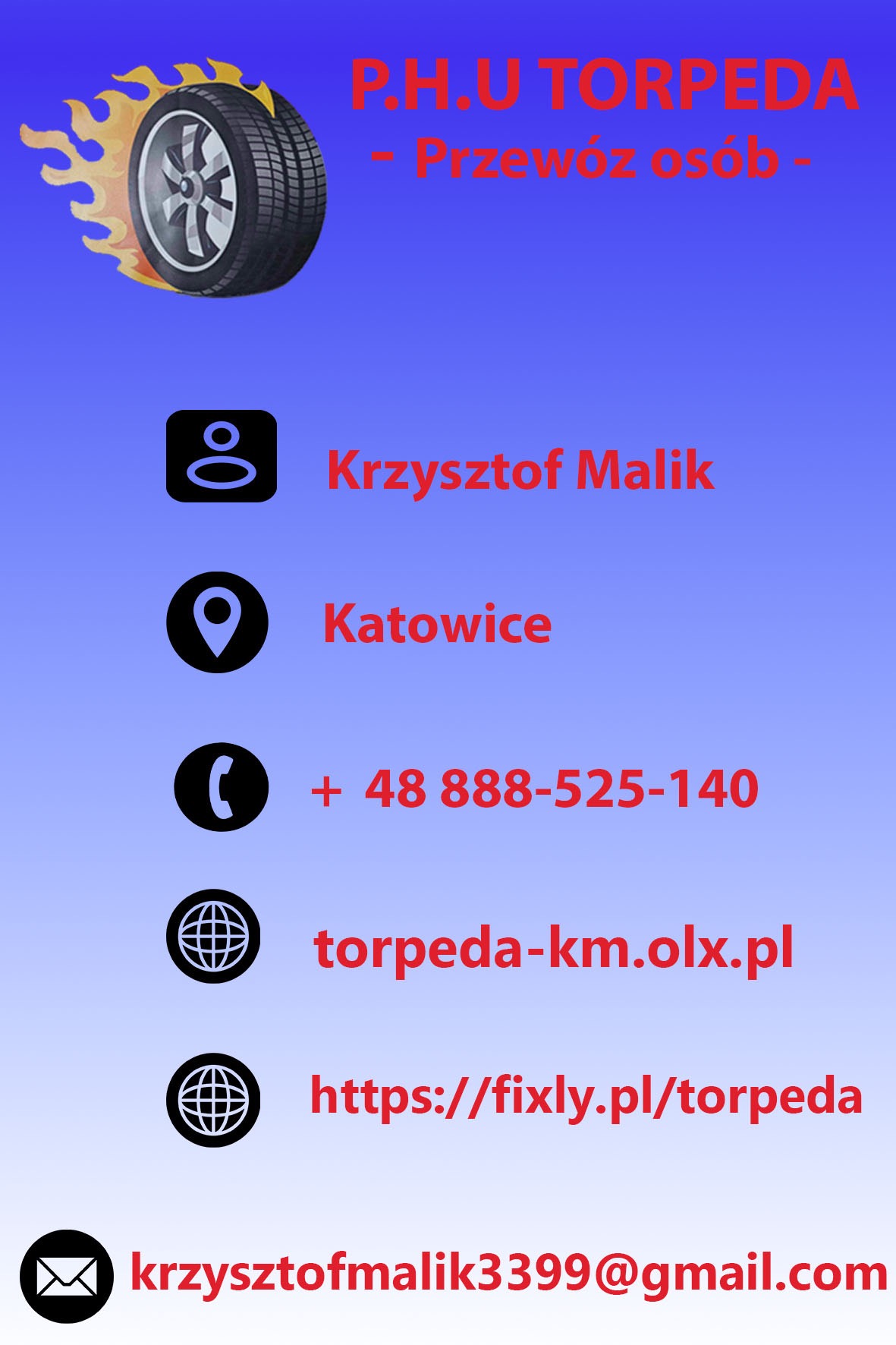 Wizytówka firmy transportowej P.H.U Torpeda z Katowic, prezentująca logo z płomieniami i oponą, imię i nazwisko Krzysztof Malik, numer telefonu, adresy stron internetowych oraz adres e-mail.