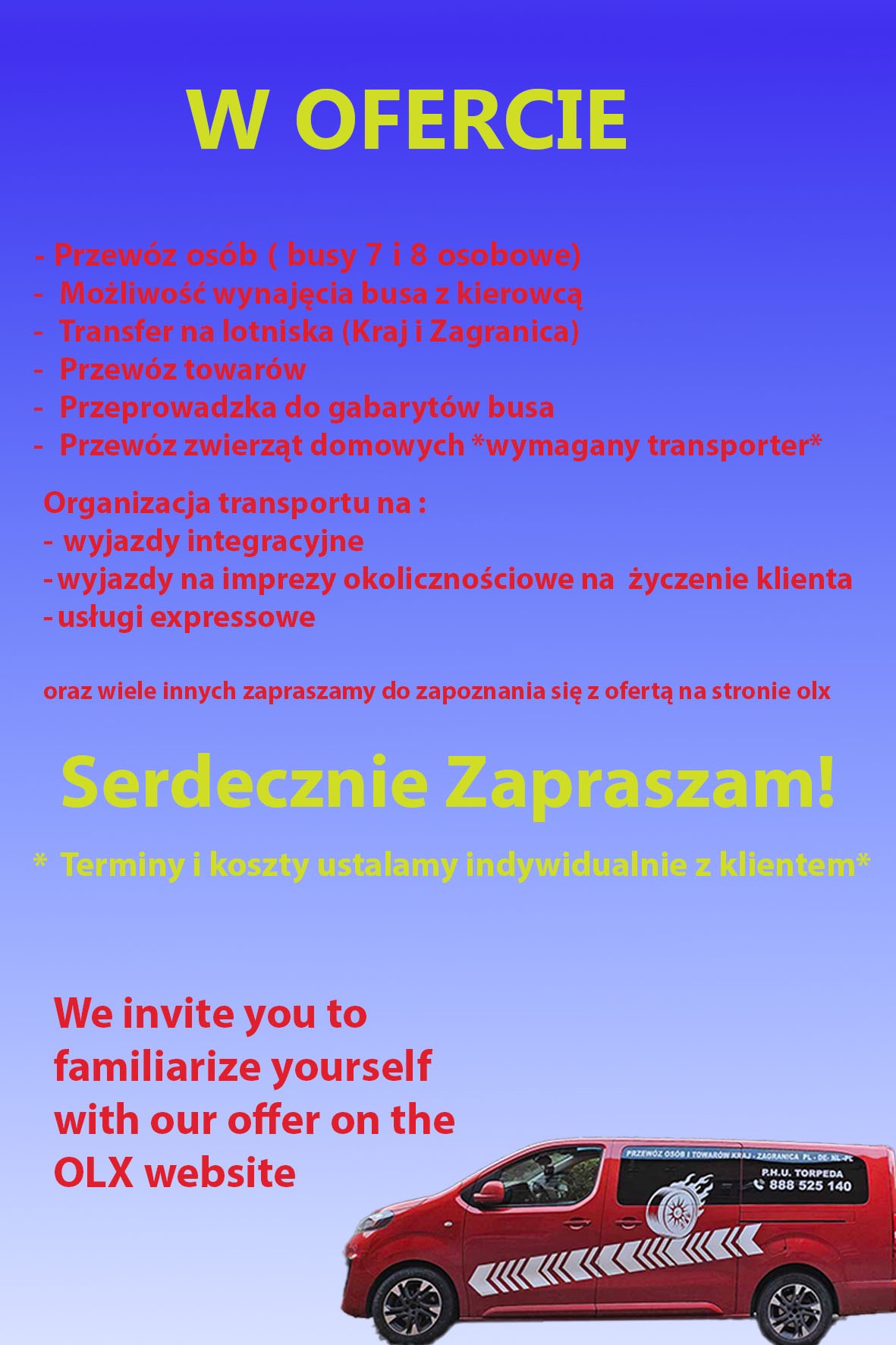 Ogłoszenie firmy transportowej z ofertą przewozu osób i towarów, widoczny czerwony bus z logo firmy i numerem telefonu.