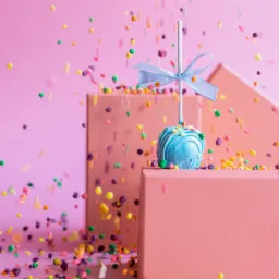 Niebieski cake pop z wstążką i kolorowymi posypkami na różowym tle i różowych blokach.