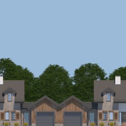 PAAiK Pracownia Architektury Archeologii i Konserwacji - Wizualizacja szeregu domów jednorodzinnych z garażami, elewacja z elementami kamienia i drewna, grafitowe dachy, jasne ściany, okna z drewnianymi okiennicami.