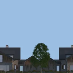 Wizualizacja dwóch symetrycznych domów jednorodzinnych z ciemnymi dachami i elementami drewnianymi, połączonych centralną częścią, z zielenią w tle i na pierwszym planie.